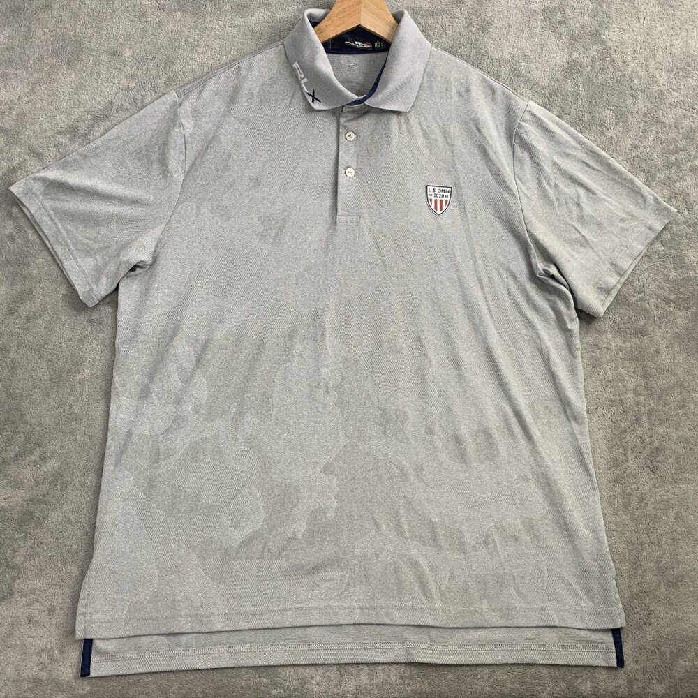 RLX Ralph Lauren Shirt Men Large Gray Camo Golf Polo US Open 2020 Preppy Stretch